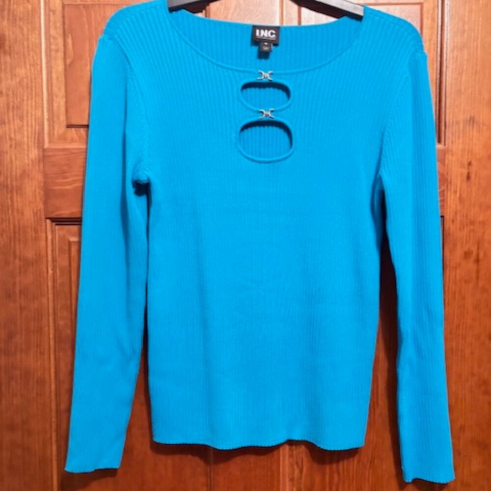 INC INTERNATIONAL CONCEPTS Double Cutout Long Sleeve Sweater  - Medium / Blue